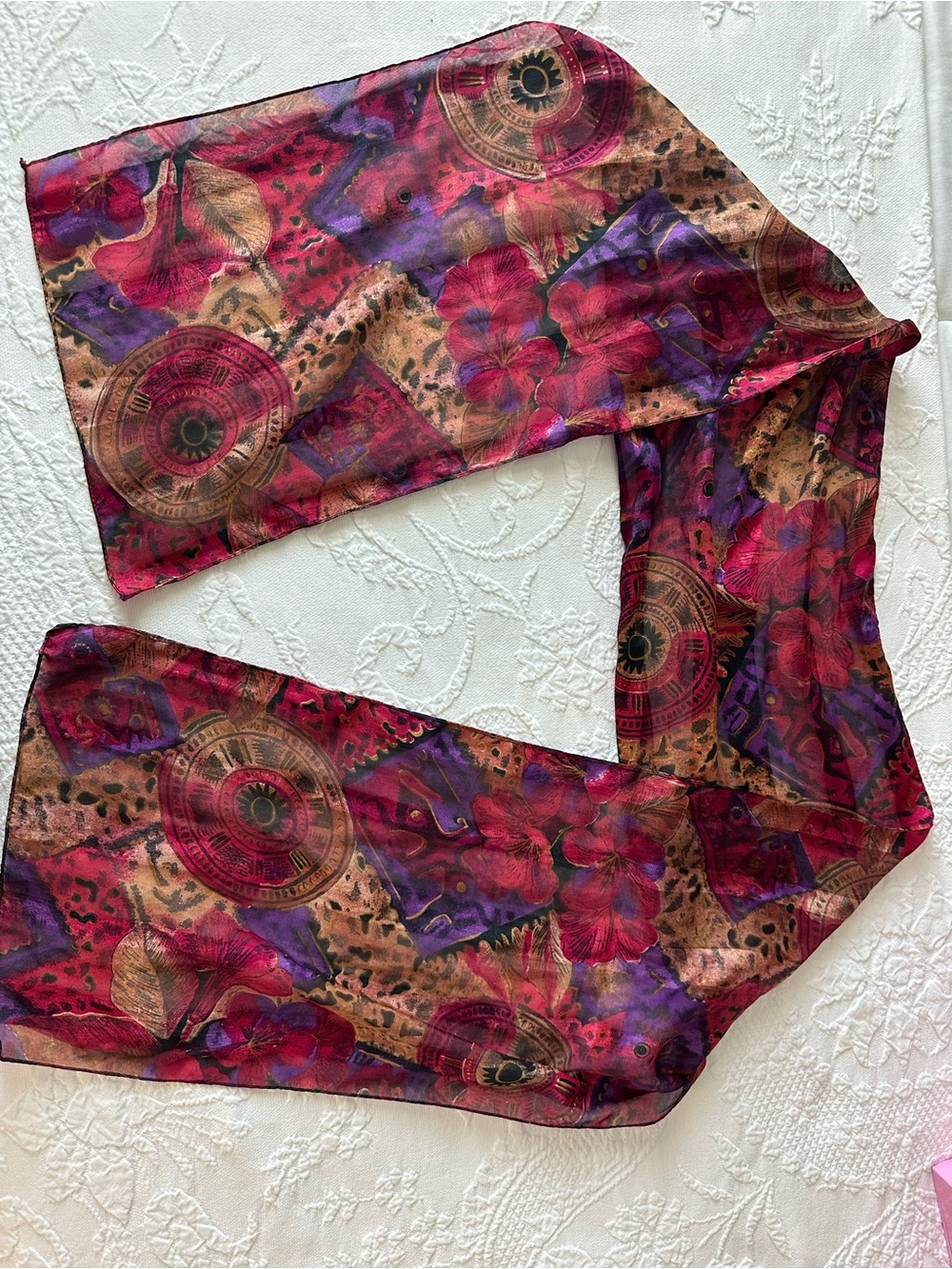 Vintage Y2K Floral & Geometric Print Scarf - Pink Aztec Purple